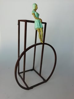 "Viewpoint II" contemporary bronze table, mural sculpture figurative girl 