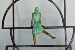 "Rosette" contemporary bronze table, mural sculpture figurative girl freedom