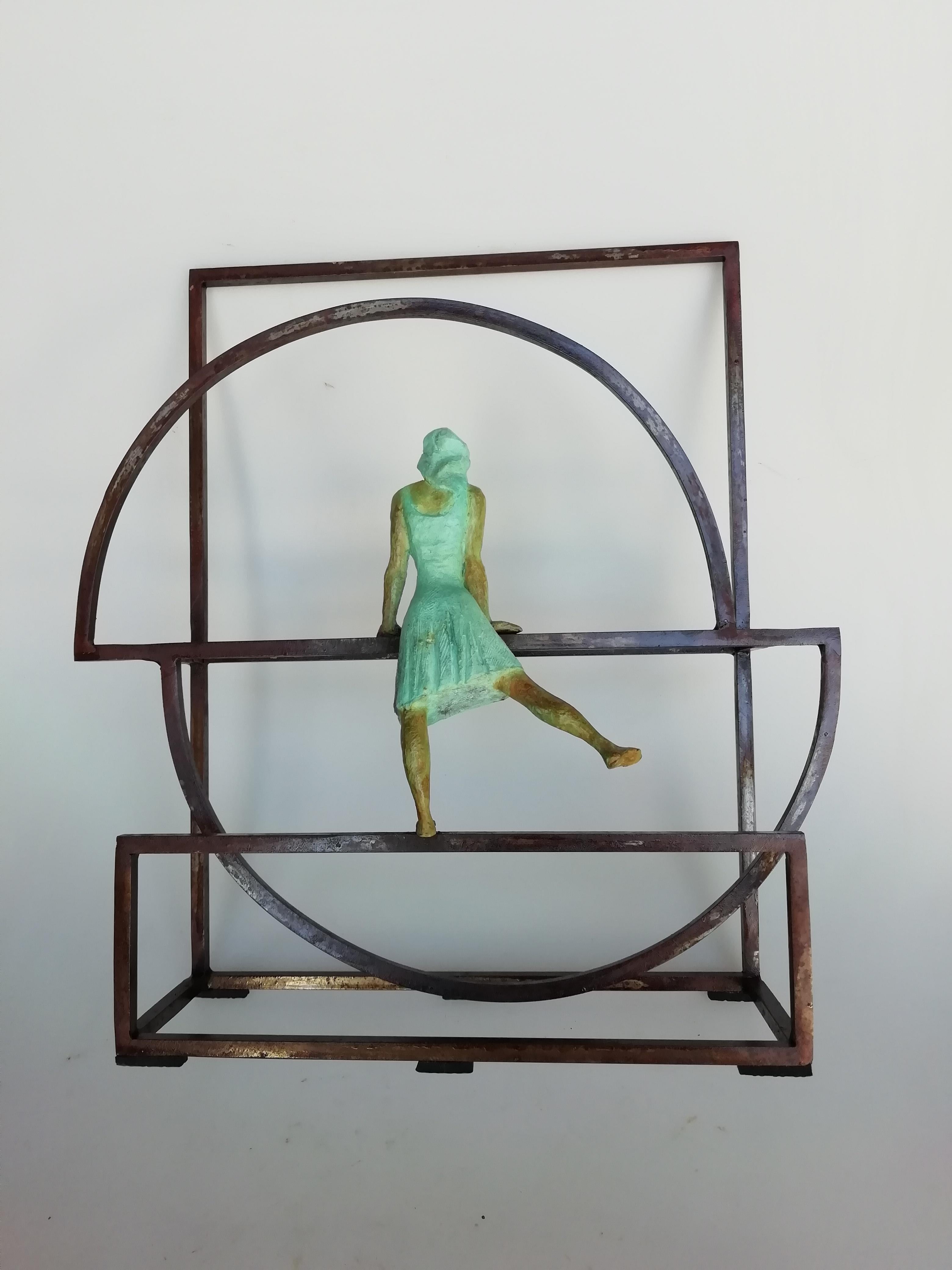 "Rosette" contemporary bronze table, mural sculpture figurative girl freedom