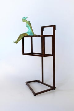 "Discovery" contemporary bronze table, mural sculpture figurative girl freedom