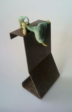 "Effort III" contemporary bronze table, mural sculpture figurative girl climbing