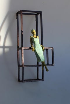 "Floating" contemporary bronze mural sculpture figurative girl freedom carefree