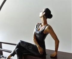 "Hope" contemporary bronze table, mural sculpture figurative girl feeling happy