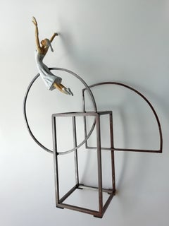"Victory II" contemporary bronze table, mural sculpture figurative girl freedom