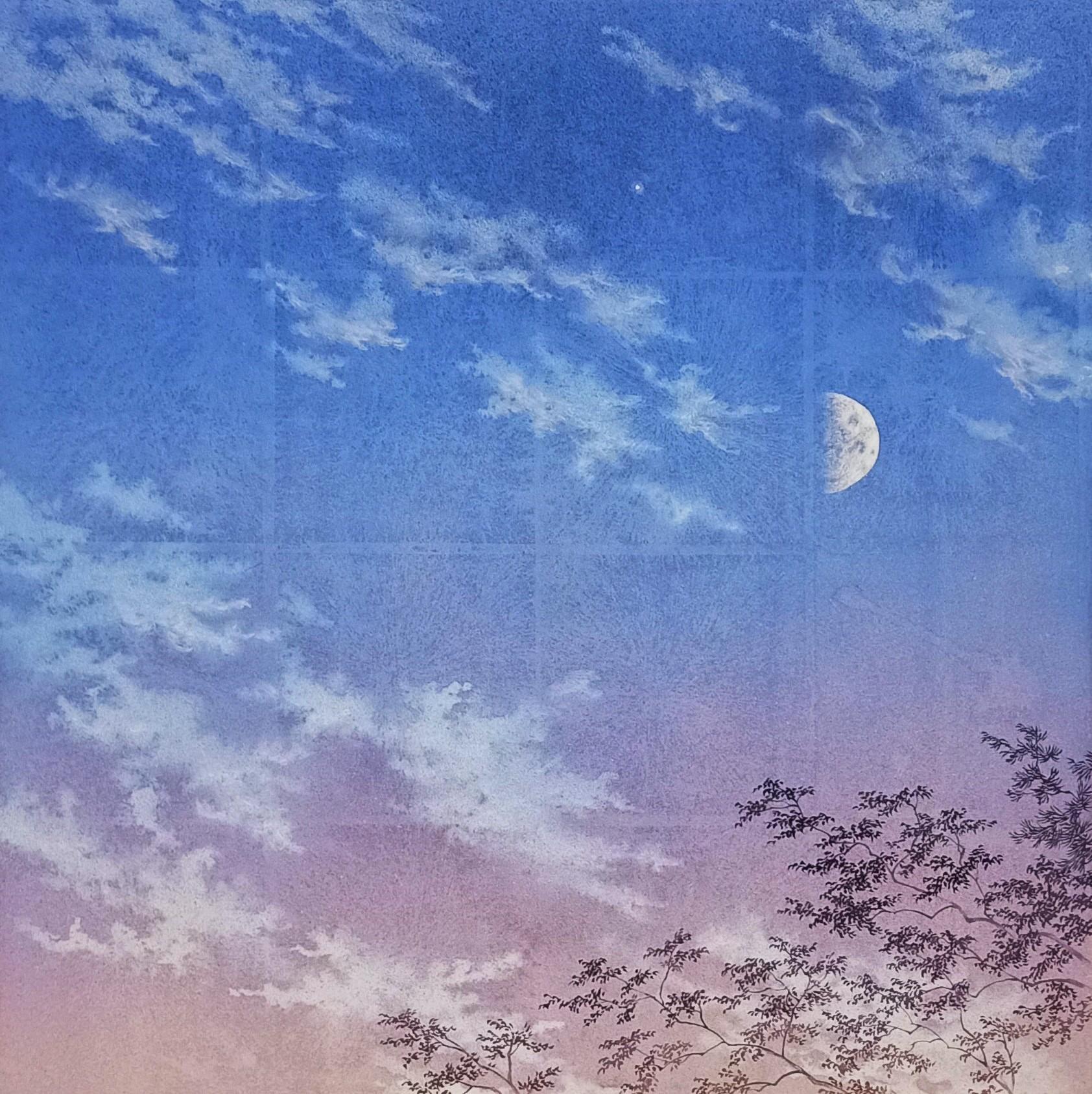 Shoko Okumura Landscape Painting - "Sensitivity to Ephemeral III" landscape pigment silver leaf on paper sky clouds
