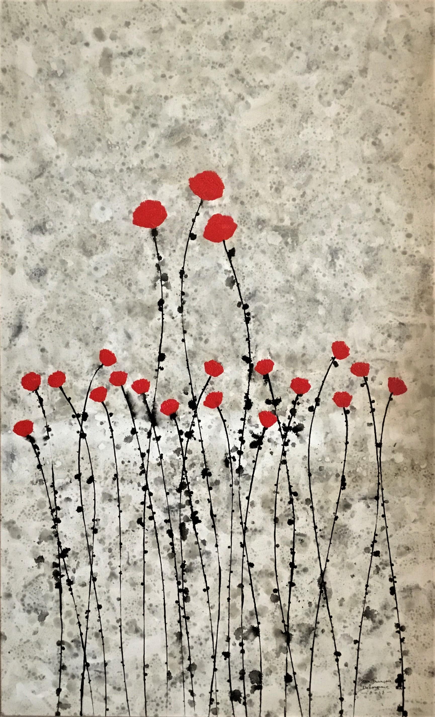 "Red Dance" 130x80cm floral painting acrylic Ink on canvas red flowers nature 
