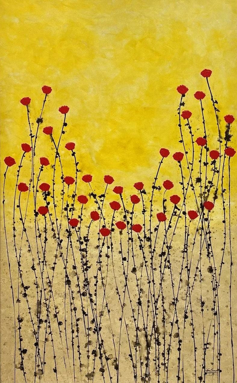 "Golden Field" 130x80cm painting acrylic Ink on canvas red flowers nature sunset - Painting by Jean Francois Debongnie