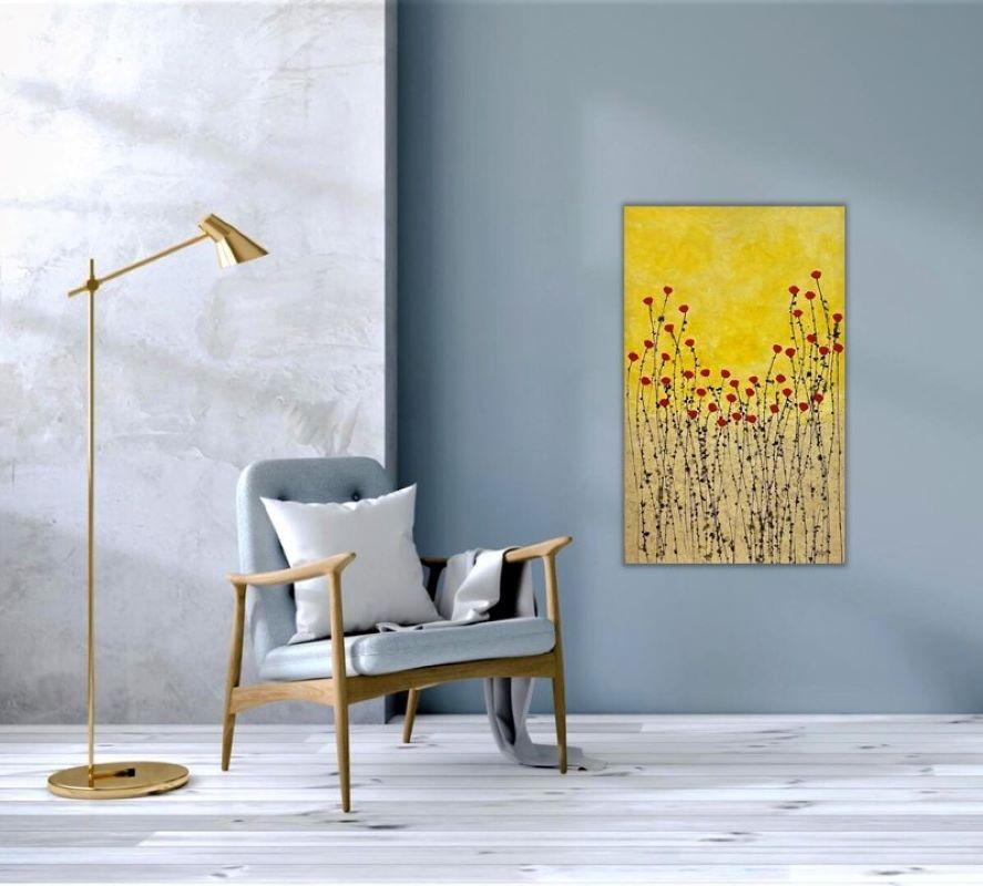 Golden Field is an ink and acrylic on canvas work by Belgian artist Jean Francois Debongnie. This painting captures the blossoming scene of the little wild red flowers in the field during sunset. The gold and red colors gives a warm vibe that lifts