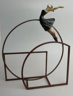 "Victory" contemporary bronze table, mural sculpture figurative girl freedom