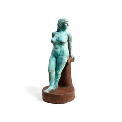 "Katy, Jazz Musician" Nude Figurative Sculpture, Blue, Brass, Rust