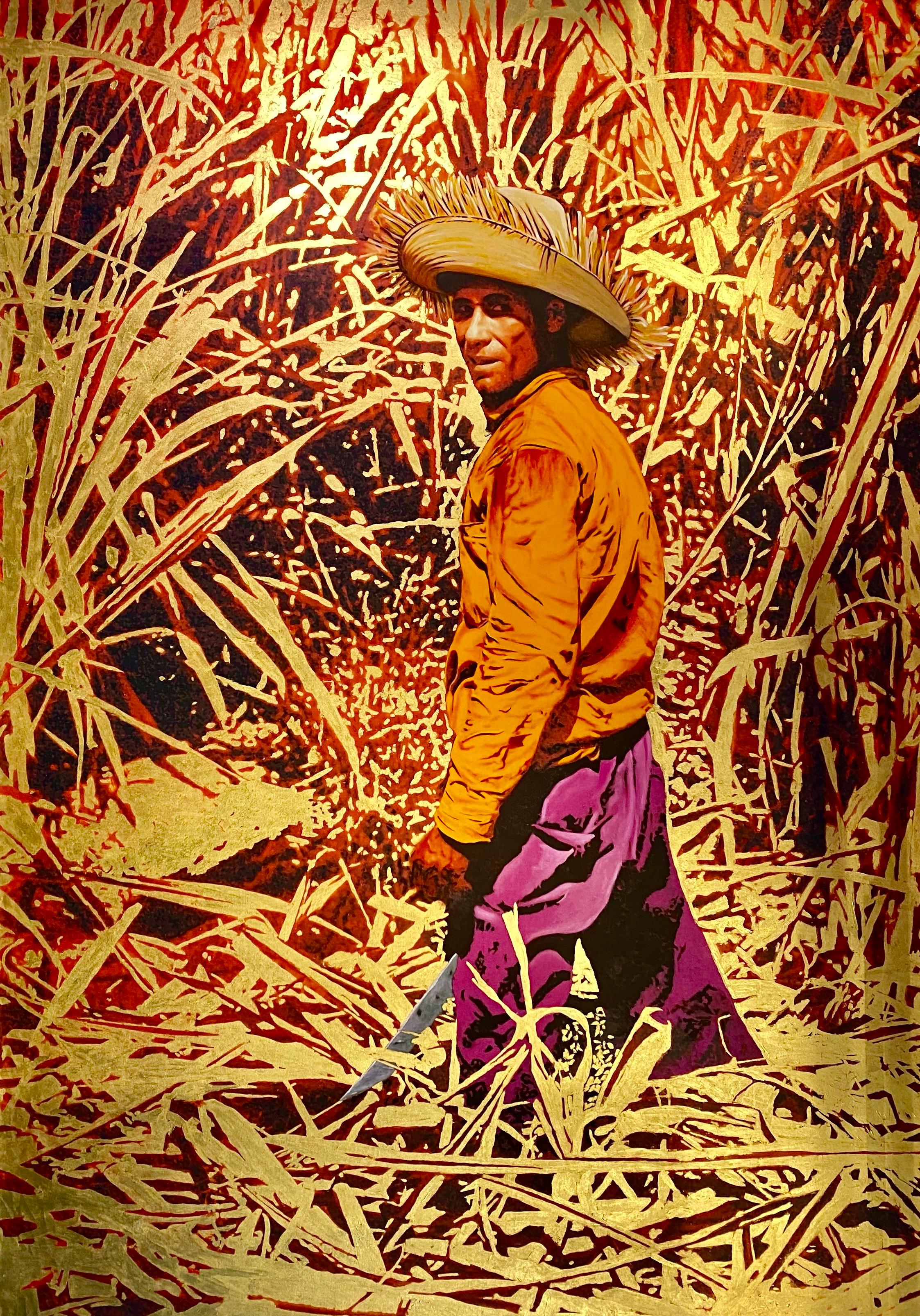 Carlos Mercado Portrait Photograph – Mete Caña , ca. 2020 Gemischte Medien auf Leinwand, 23k Blattgold Auflage: 1/7