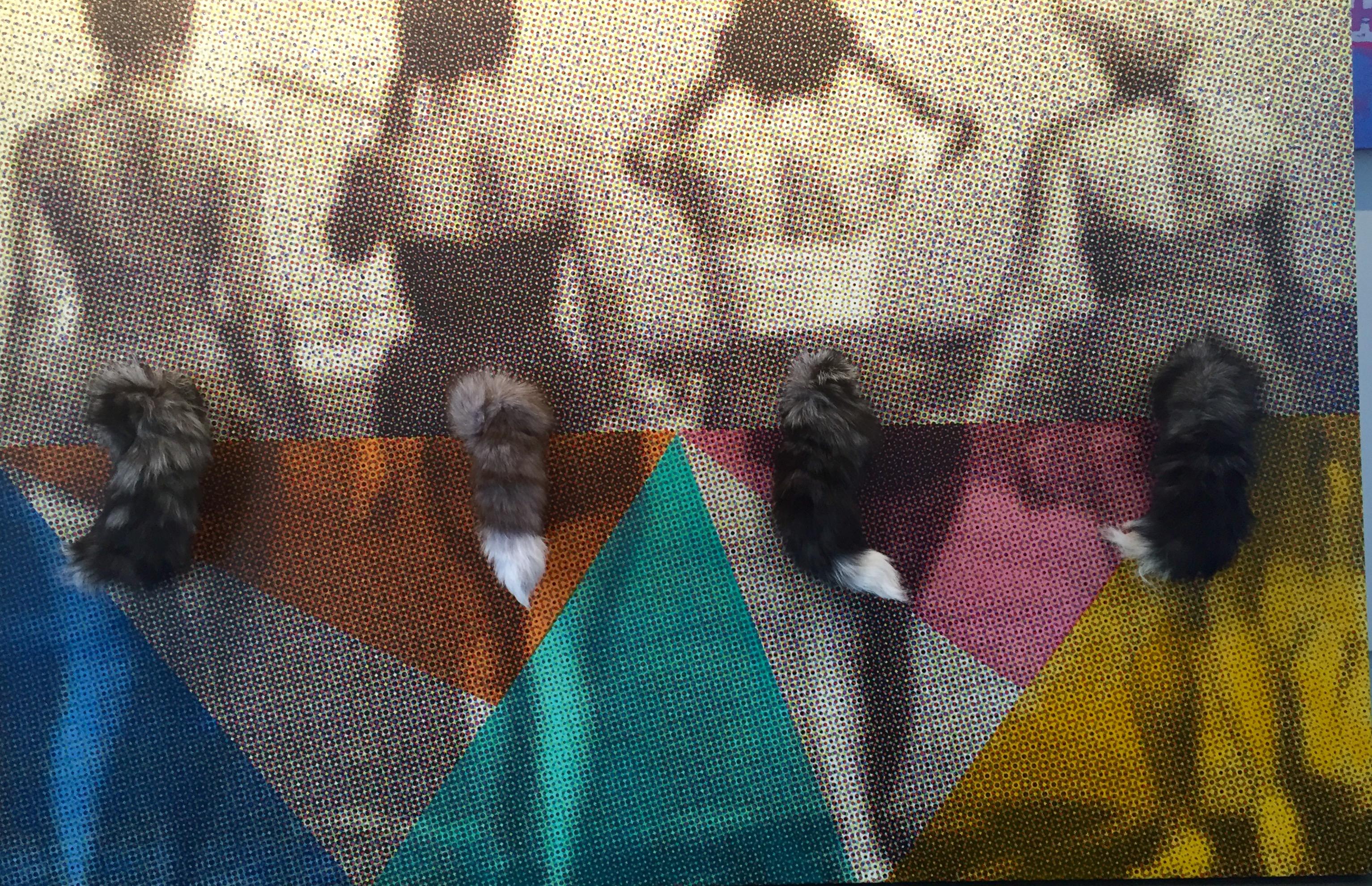 LAS ZORRAS Mixed Media Diptychon, Acryl auf Leinwand, Swarovski-Kristallen, Fuchsschwänze  (Zeitgenössisch), Photograph, von Carlos Mercado