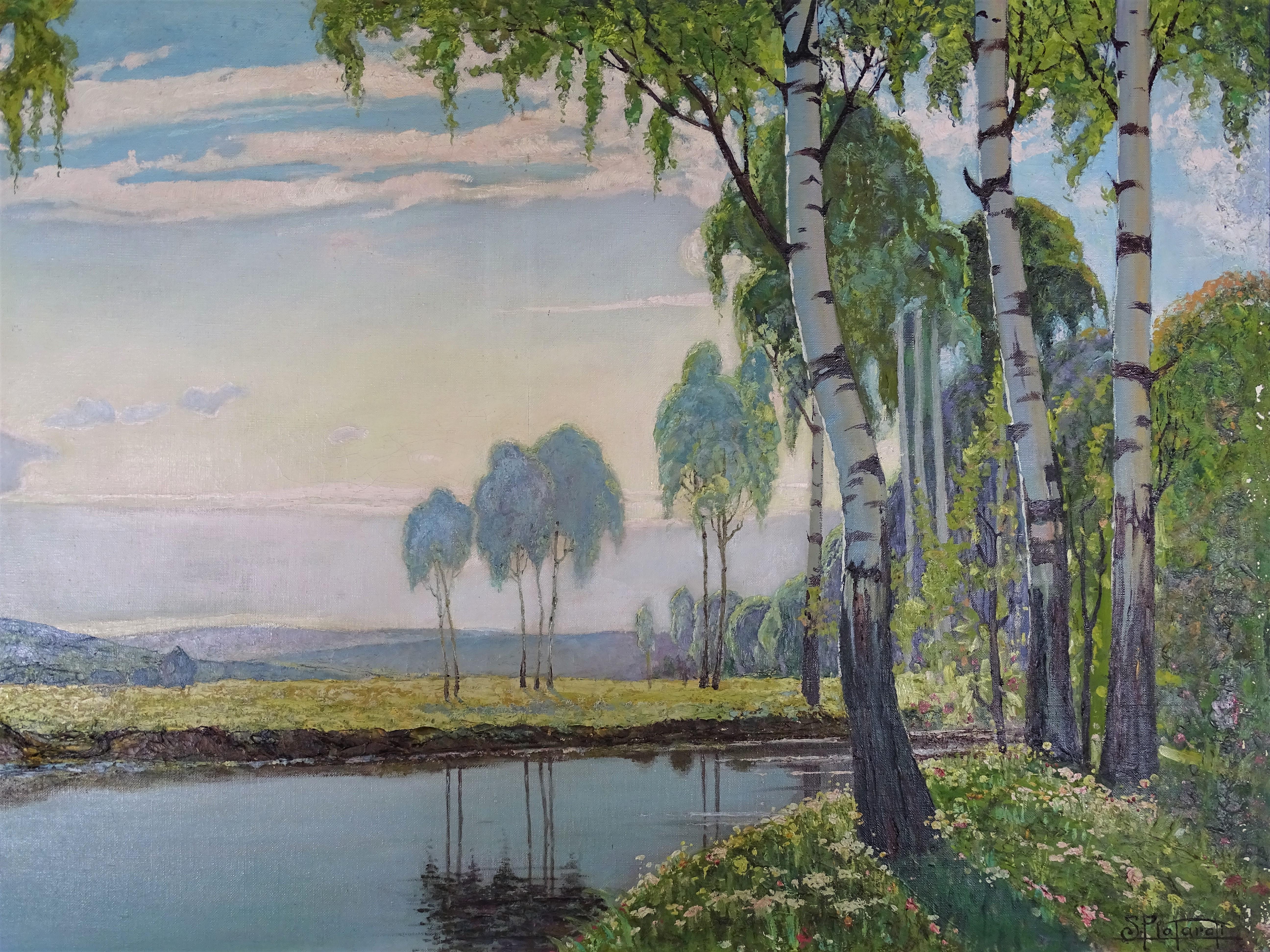 20th Century Symbolist Style Plataroti Spring Landscape Oil on Canvas Green Blue For Sale 2