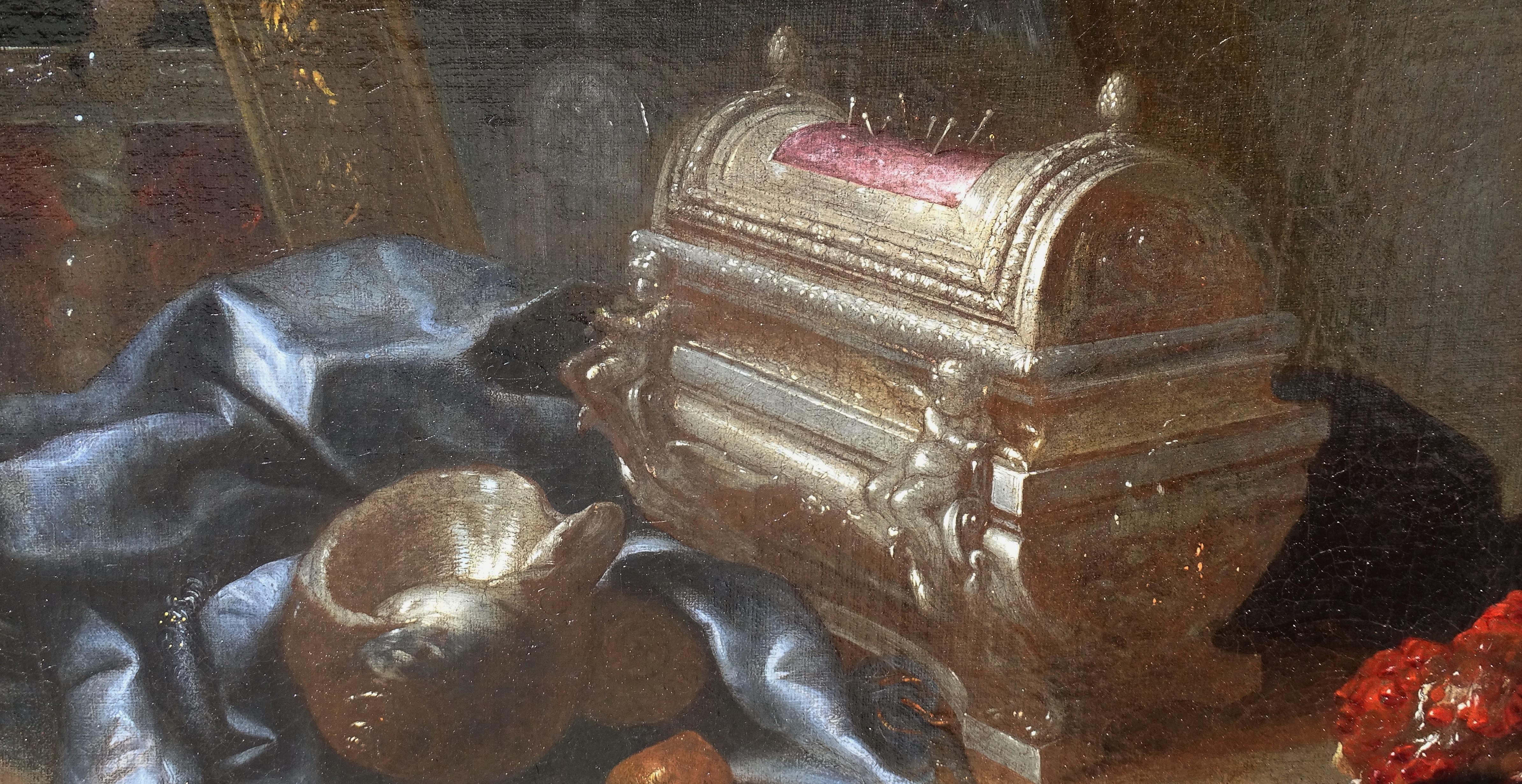 Baroque Still Life Meiffren Comte 17th Century Oil Painting on Canvas

Baroque Still Life with pin box, frame, shell, blue tapis and pomegranate, attributed to Meiffren Comte (Marseille, 1630 - Marseille, 1705).

This work inspired by the Nordic