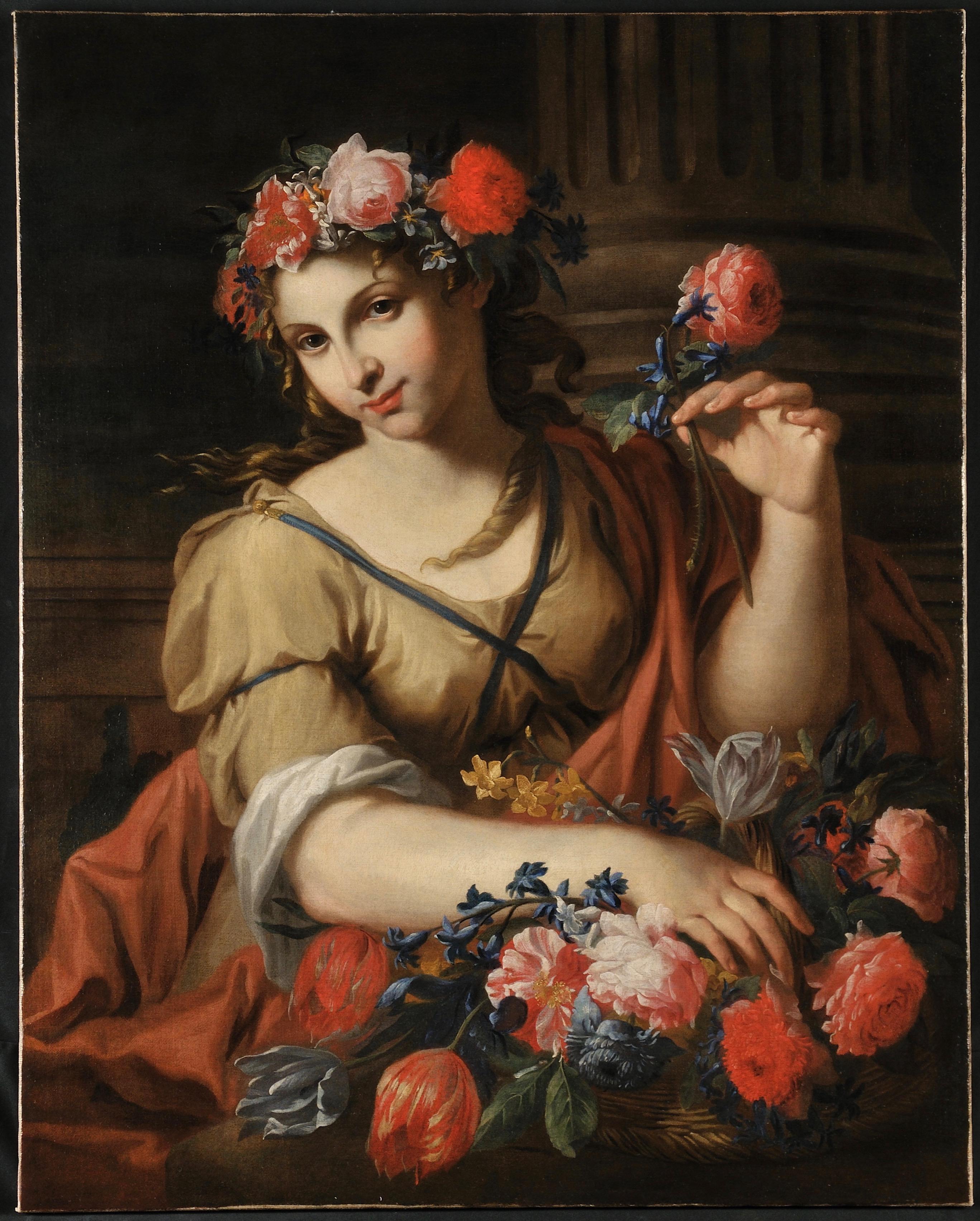 Antonio Franchi called Il Lucchese Portrait Painting - 17th Century Baroque Style Antonio Franchi Lady with Flowers Oil on Canvas Red