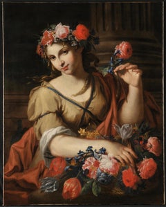 17th Century Baroque Style Antonio Franchi Lady with Flowers Oil on Canvas Red