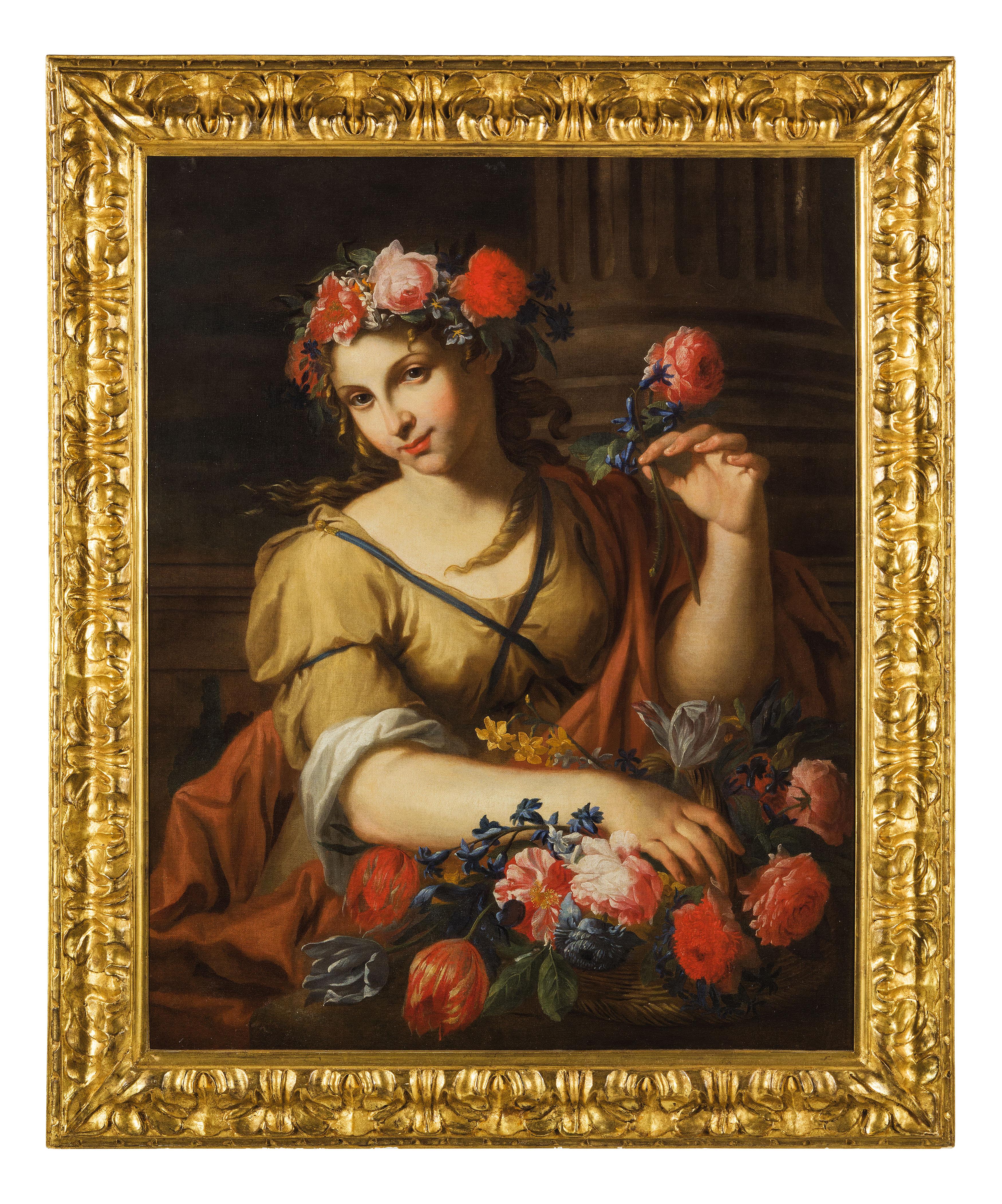 17th Century Baroque Style Antonio Franchi Lady with Flowers Oil on Canvas Red - Painting by Antonio Franchi called Il Lucchese
