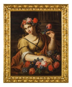 17th Century Baroque Style Antonio Franchi Lady with Flowers Oil on Canvas Red