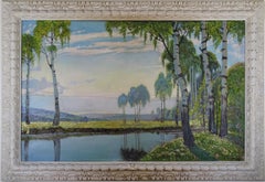 20th Century Symbolist Style Plataroti Spring Landscape Oil on Canvas Green Blue