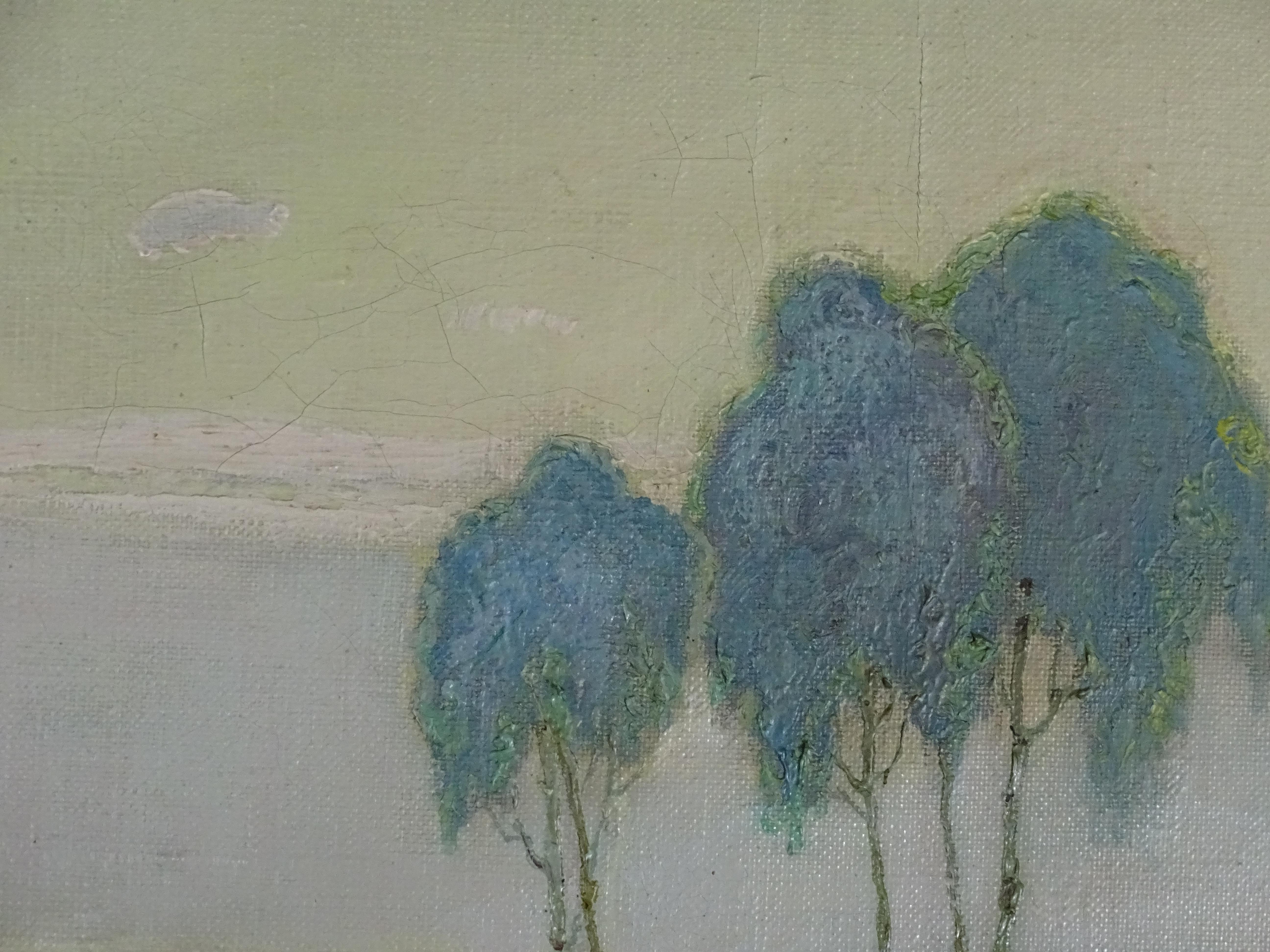 20th Century Symbolist Style Plataroti Spring Landscape Oil on Canvas Green Blue For Sale 3