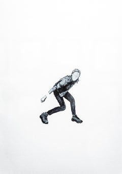 Unstable single-person protest - Contemporary Black and White Watercolor Drawing