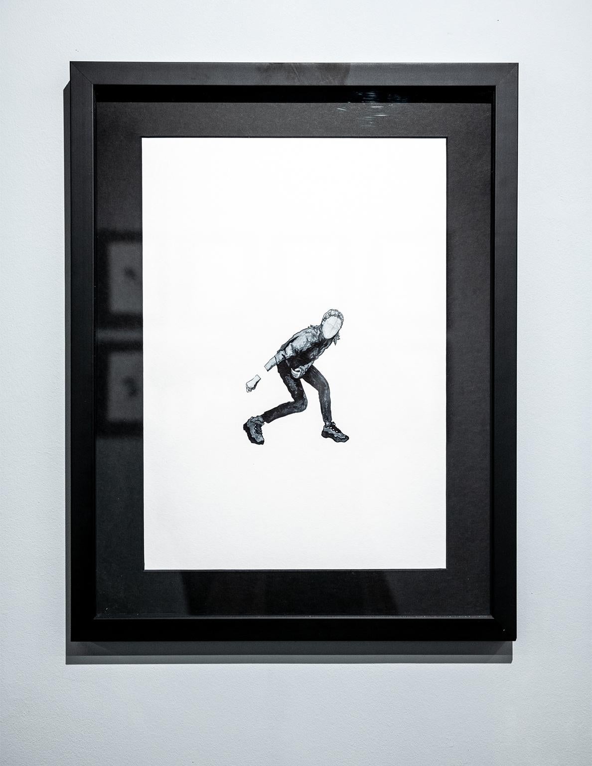 Unstable single-person protest - Contemporary Black and White Watercolor Drawing - Art by Evgeny Granilshchikov