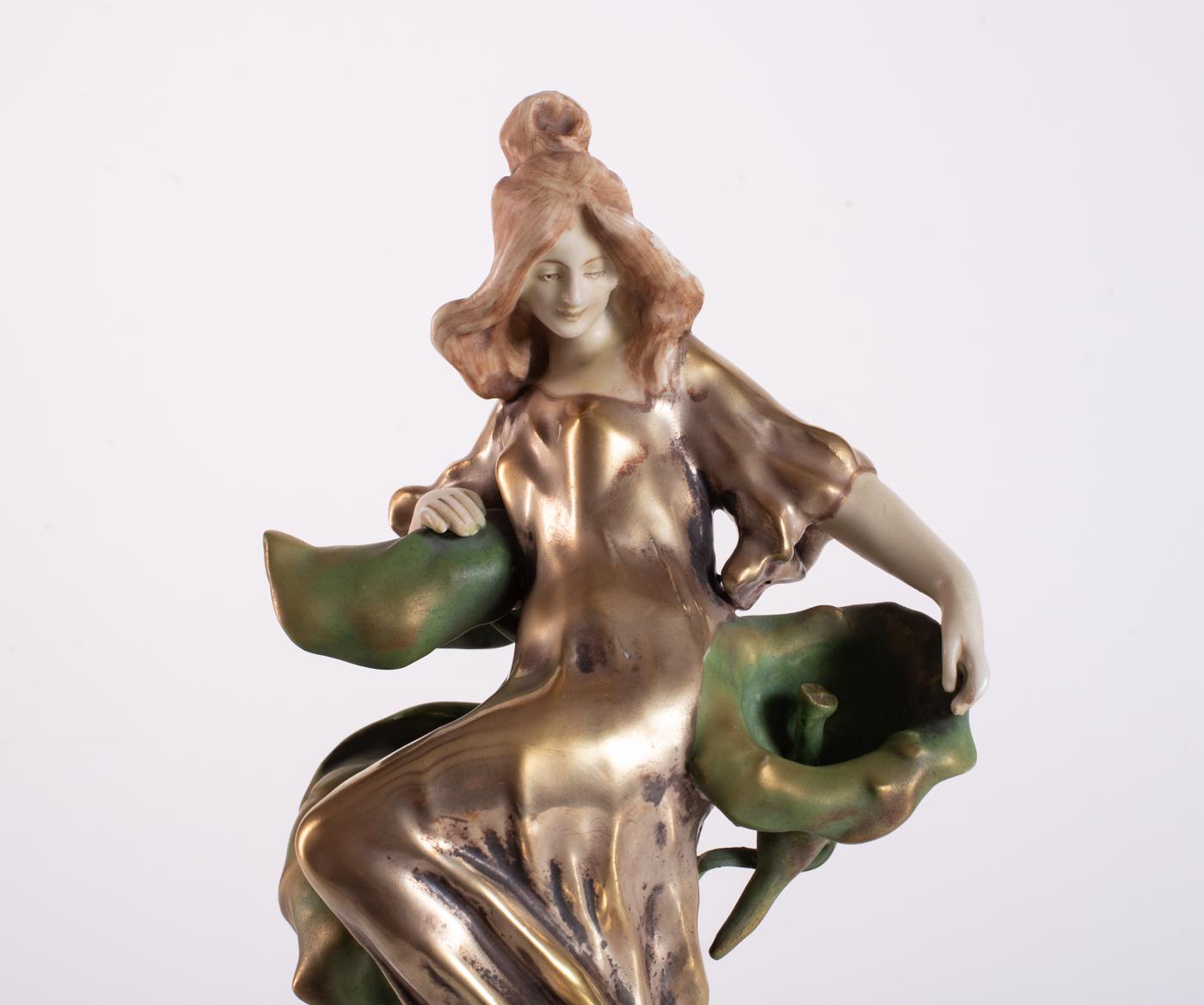 Dramatic Amphora Ceramic with Art Nouveau Maiden in Lily Bouquet c. 1900 For Sale 7