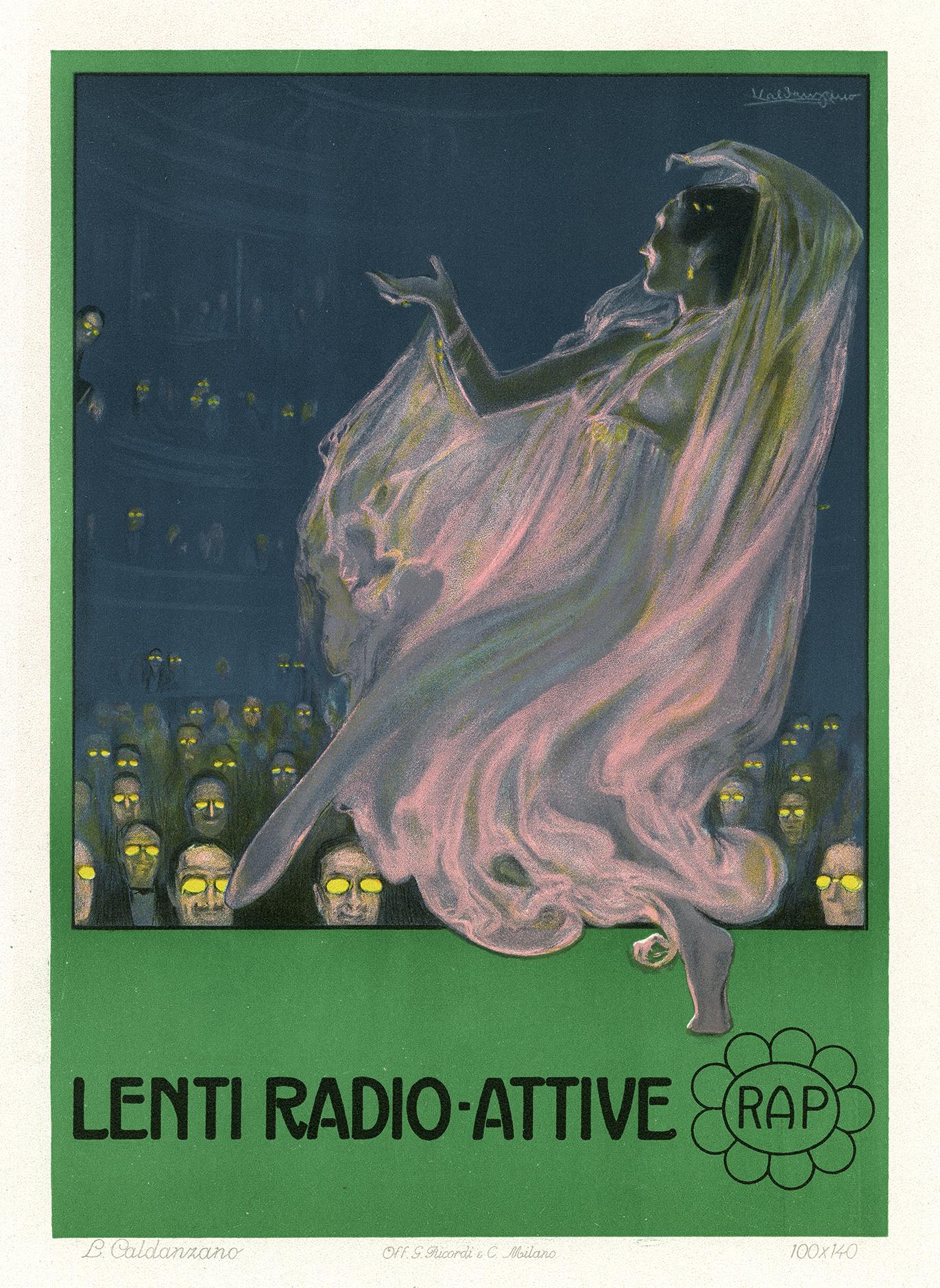 Lenti Radio-Attive, Art Nouveau Ricordi Portfolio advertisement lithograph, 1912 - Print by Luigi Emilio Caldanzano
