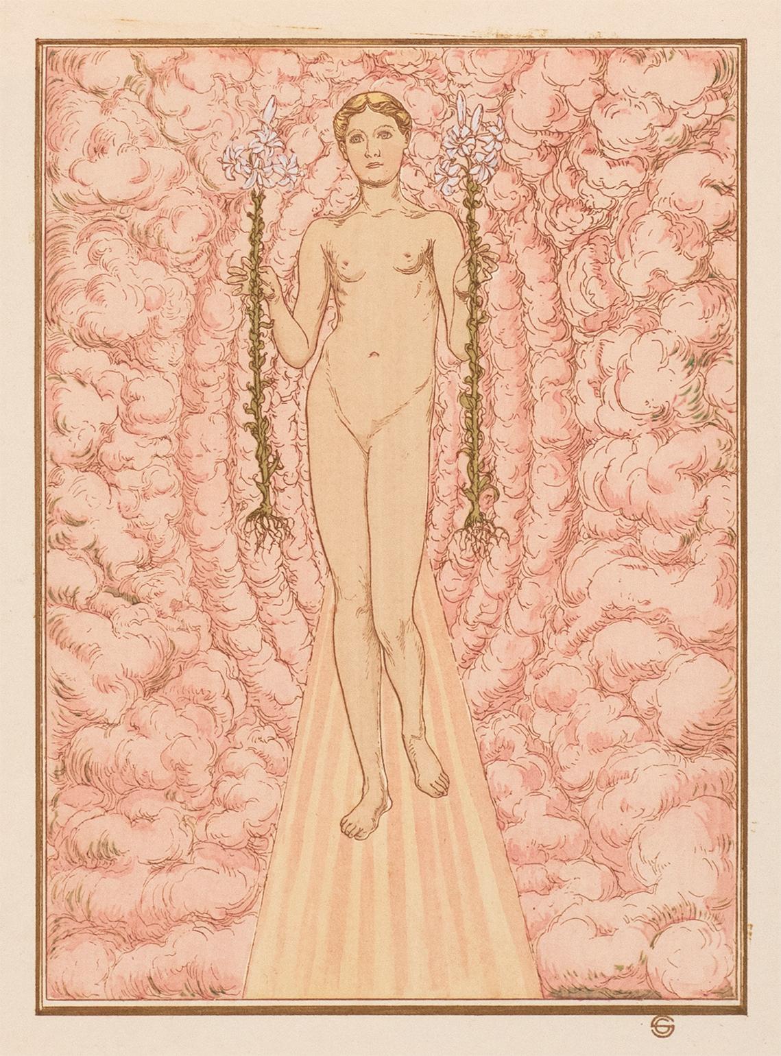 Lithografie aus Carlos Schwabes Serie von handkolorierten symbolistischen Fantasieillustrationen für Catulle Mendès' Hésperus, veröffentlicht 1904 von der Société de propagation des livres d'art, Paris. Dieses Werk stammt aus der äußerst seltenen