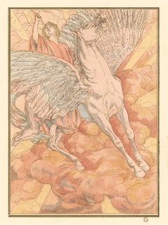 Cygne à cheval, Hésperus par Carlos Schwabe, lithographie de fantaisie symboliste, 1904