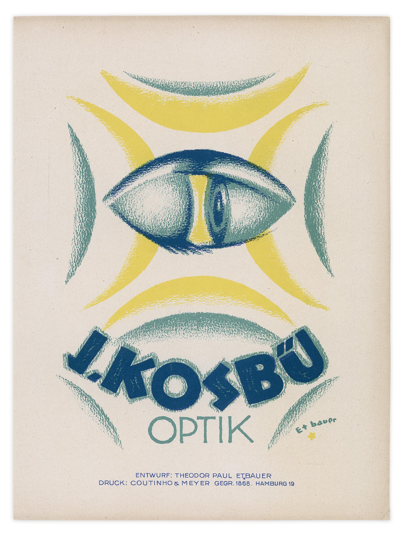J. Kosbü Optik by Theodor Paul Etbauer, Modernist optometry lithograph c. 1920
