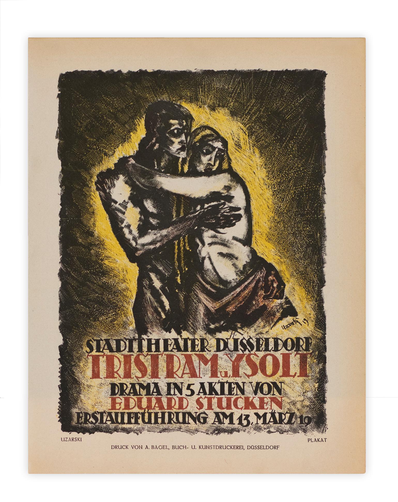 Tristram and Ysoli, Düsseldorf state-theatre, Expressionist stage lithograph - Print by Adolf Uzarski