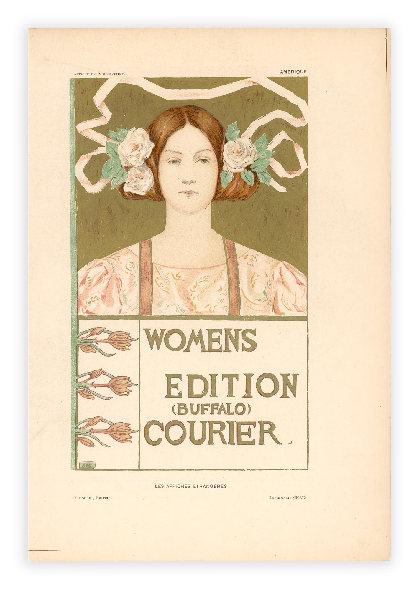 Alice Russell Glenny’s Women's Edition Buffalo Courier, 1897 lithograph on Japon paper produced with a plate of metallic gold ink.

While this poster was printed in multiple sizes and formats, this edition of 25 strikes on Japon paper from 1897 is