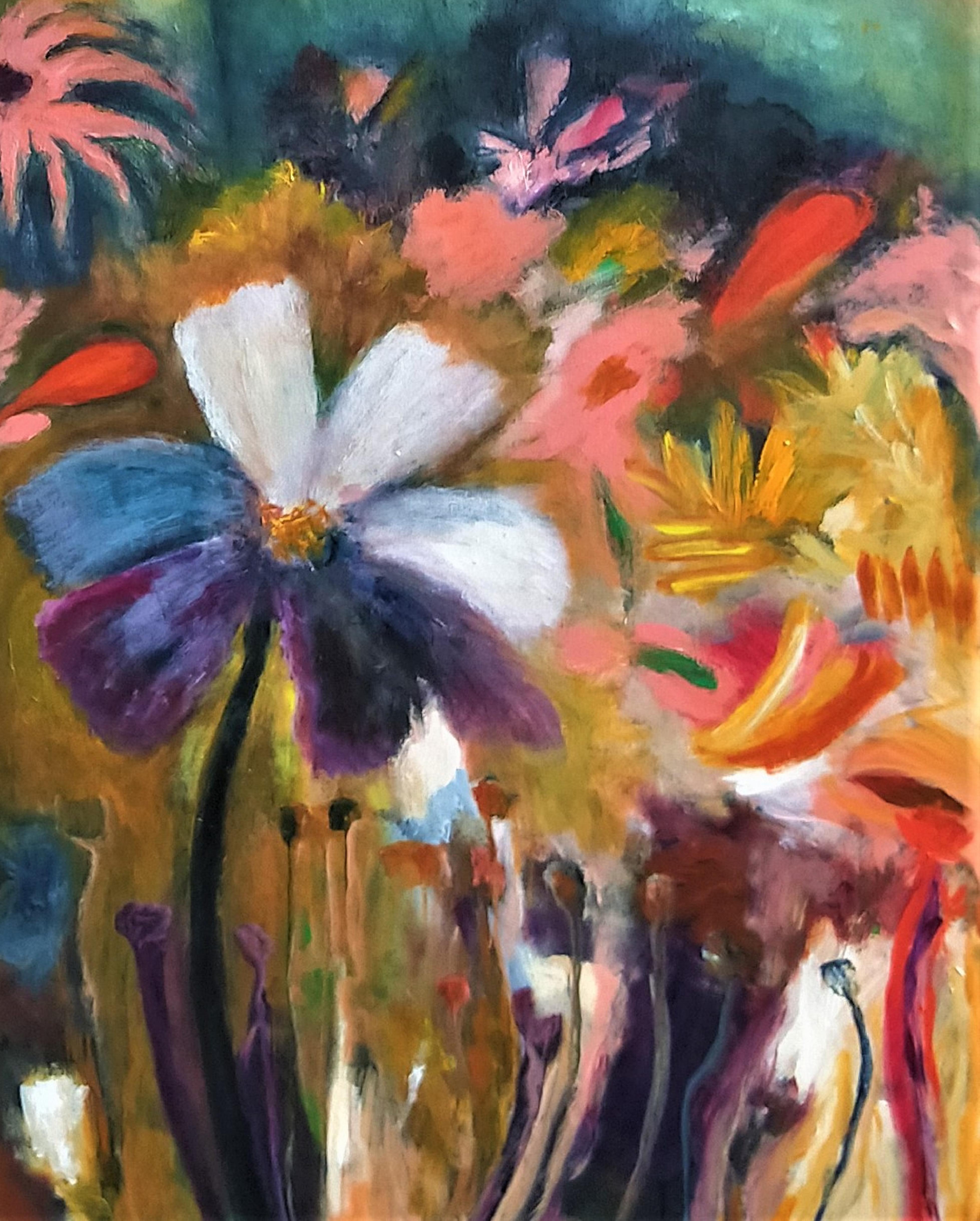 Perpetual Spring by Regina Noakes is an intrinsic example of Noakes' ability to reflect her experiences and journey through her work. Forever nodding to the influence that her heritage has on her work and life, the floral and dream-like palette
