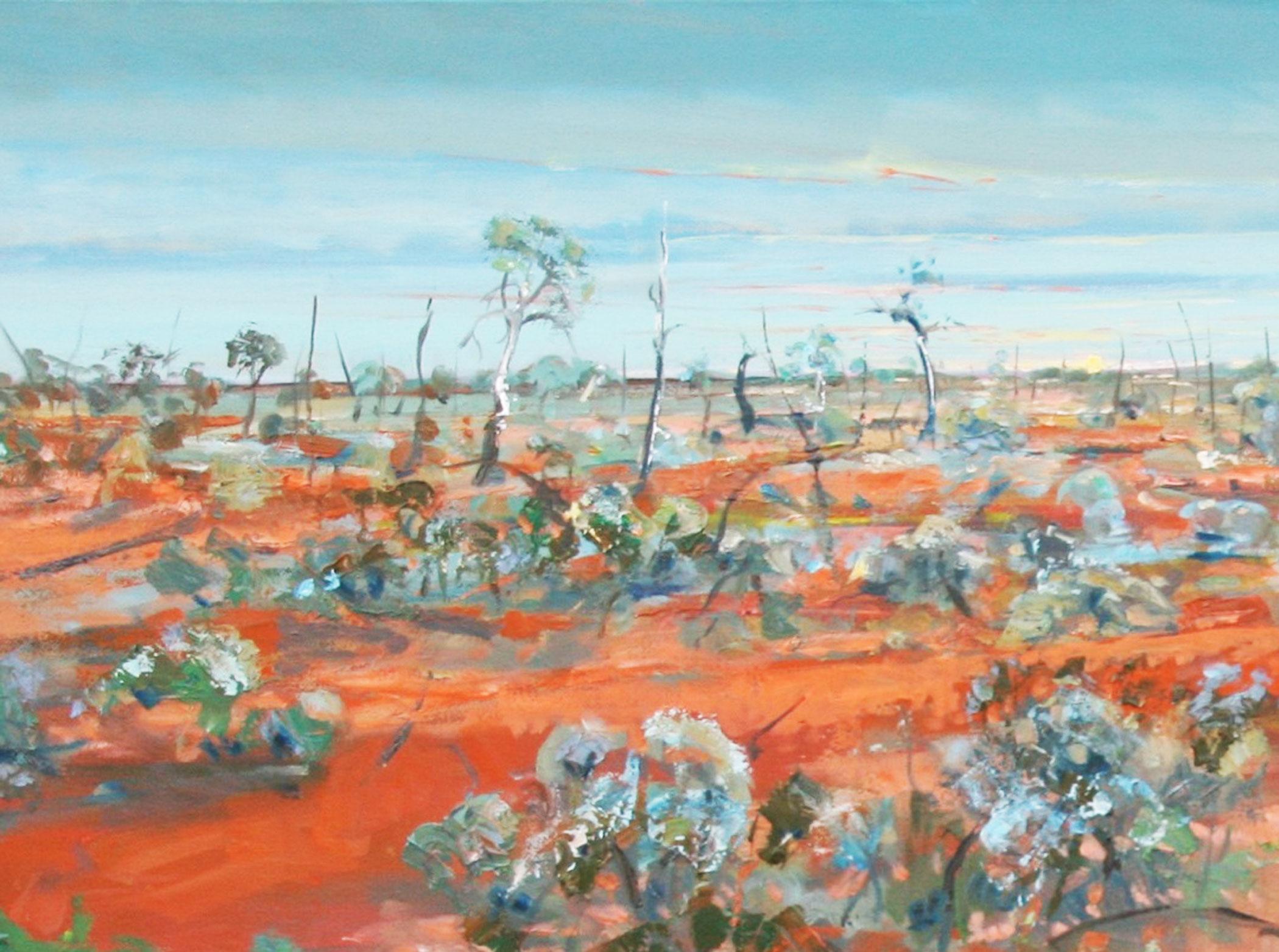 Ibis by Piers Bateman gives us an insight into the artist's abstract approach to capturing the beauty and sparsity of the Australian landscape. Bright and vivid red tones capture the sunburnt land and the clear, blue skies contrast to create a