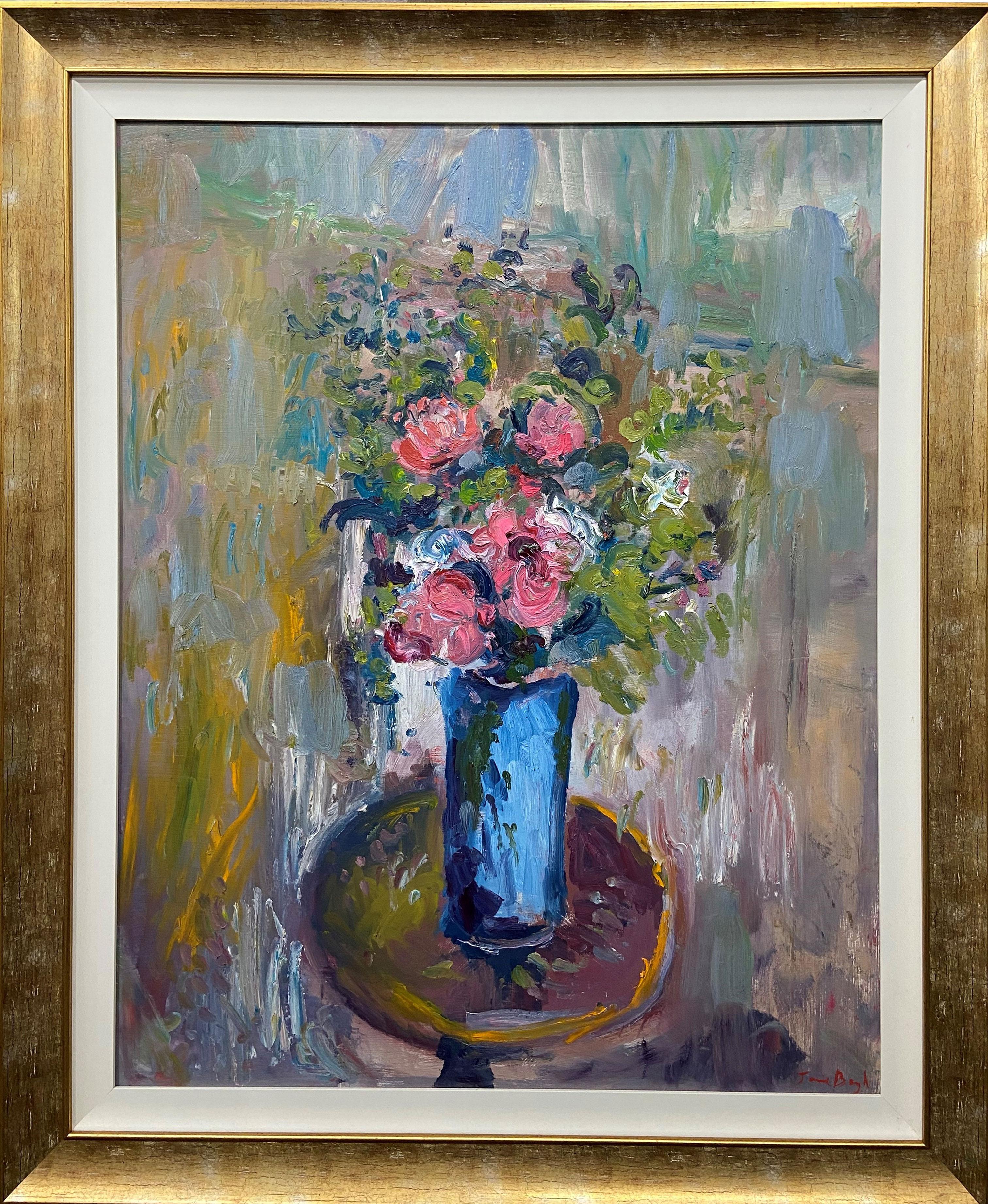 Flowers Blue Vase Round Table — Jamie Boyd b. 1948 (Still Life, Floral) 2016 For Sale 2