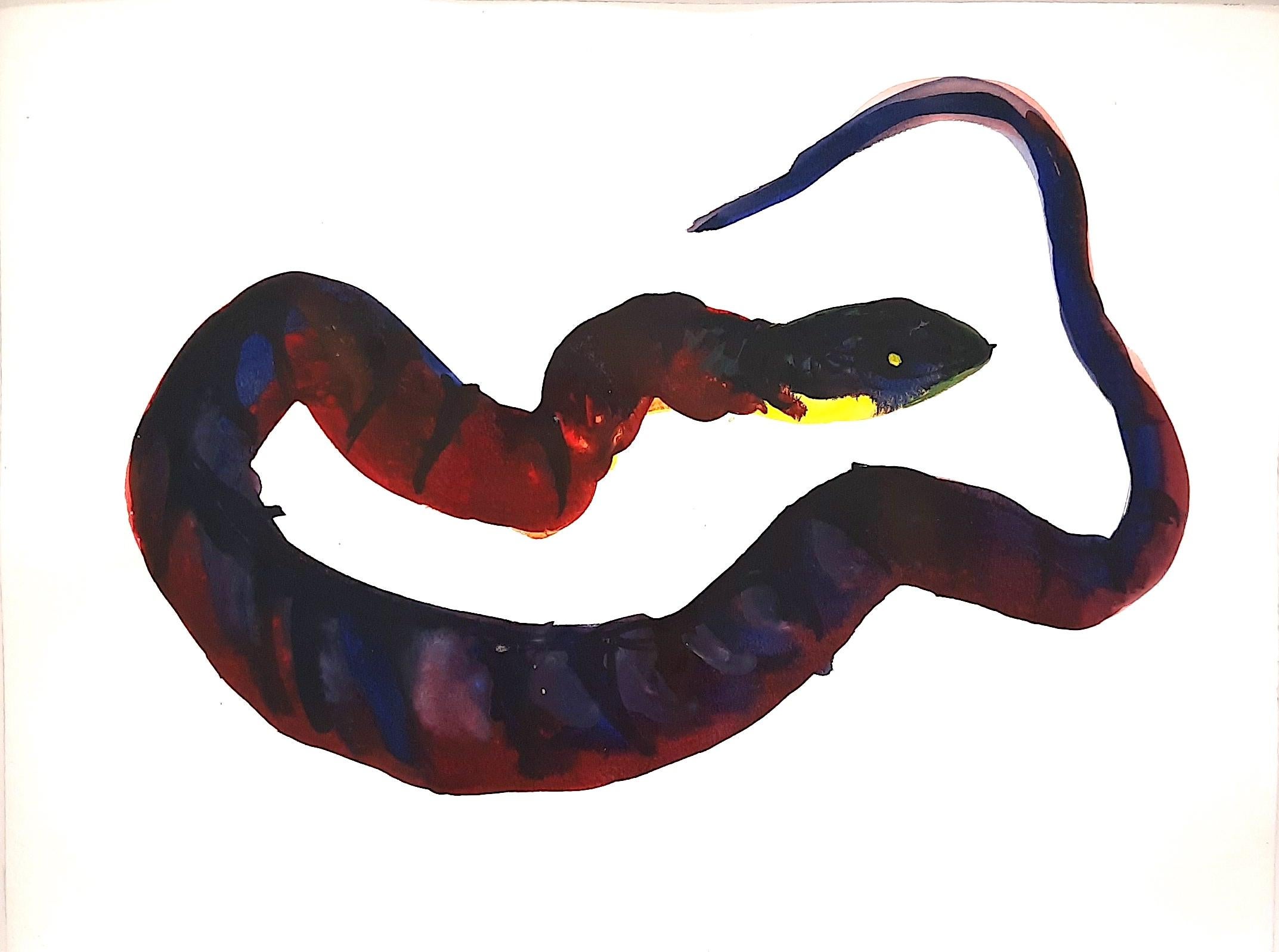 Tina Ribarits Animal Art - Snake II - 21st Century Animal Drawings and Watercolors Red Blue Unique
