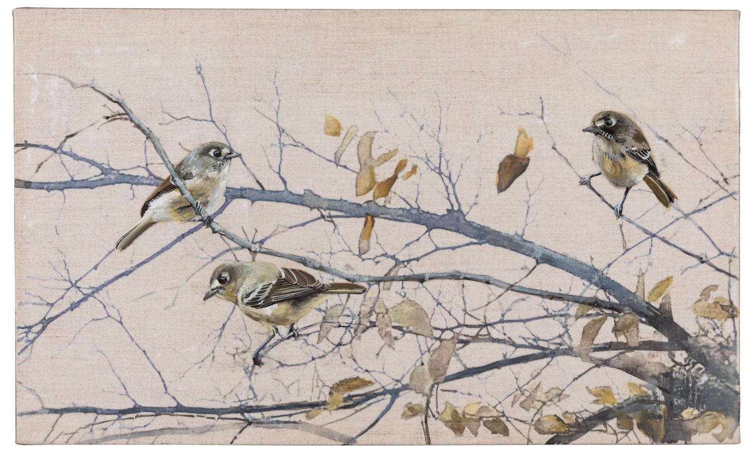 Spring Leaves I  - Encaustic and Oil Painting of Birds in a Tree Contemporary  - Mixed Media Art by Diana Majumdar