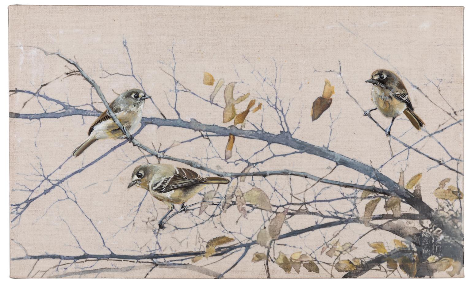 Spring Leaves I  - Encaustic and Oil Painting of Birds in a Tree Contemporary - Mixed Media Art by Diana Majumdar