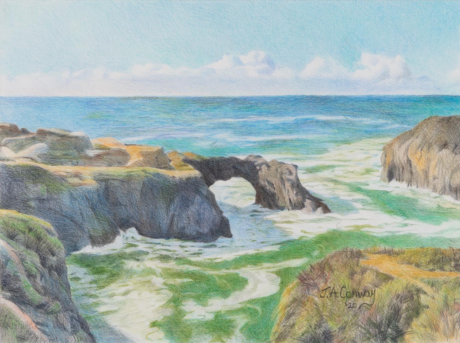 Mendocino Headlands - Landscape and Ocean Colored Pencil Drawing Contemporary 