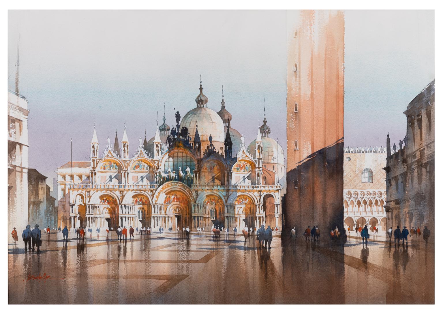 Thomas W. Schaller Landscape Art – Schatten – Piazza San Marcos, Venedig, Aquarell von Thomas Schaller