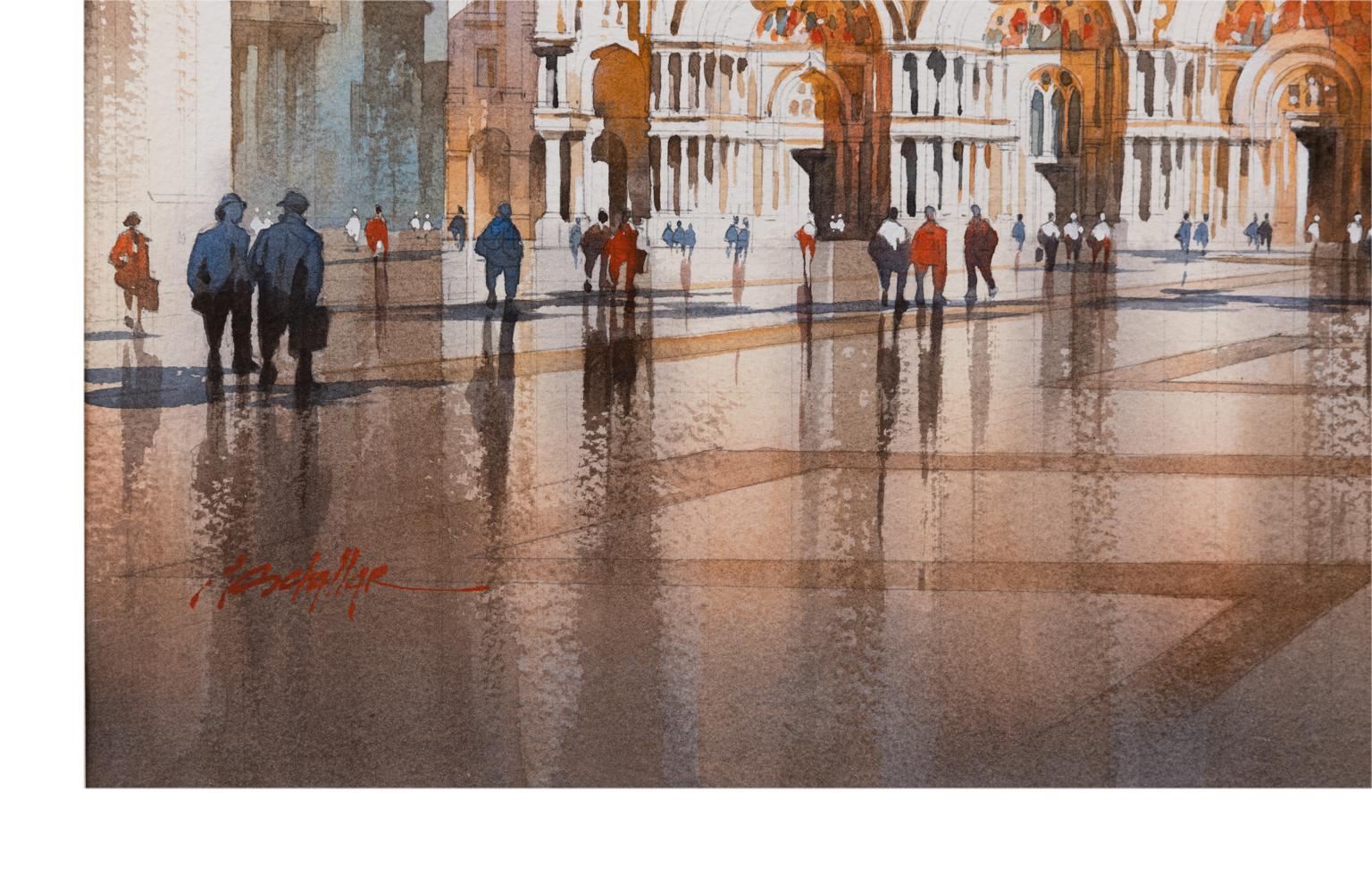 Schatten – Piazza San Marcos, Venedig, Aquarell von Thomas Schaller – Art von Thomas W. Schaller