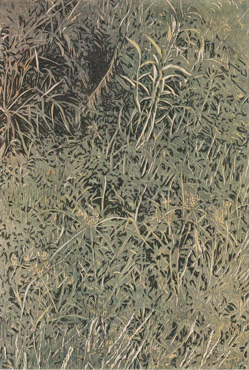 Hannah Skoonberg Landscape Print - Running Grass - Linocut Print of Overgrown Grass in Greens and Yellow
