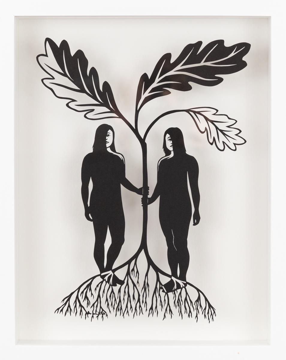 Either Or is a hand-cut paper art piece by San Francisco artist Bianca Levan. The composition features two female figures holding a growing tree atop exposed roots. In Search Of measures 11" x 14" and comes framed with UV museum glass and a