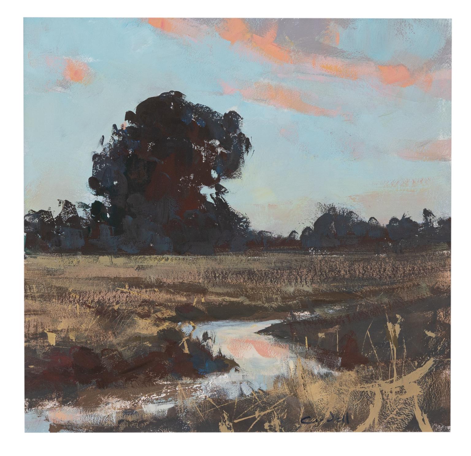 Landscape Painting Aaron Cordell Johnson - Cheminée de soirée - Peinture de paysage à la gouache en plein air contemporaine