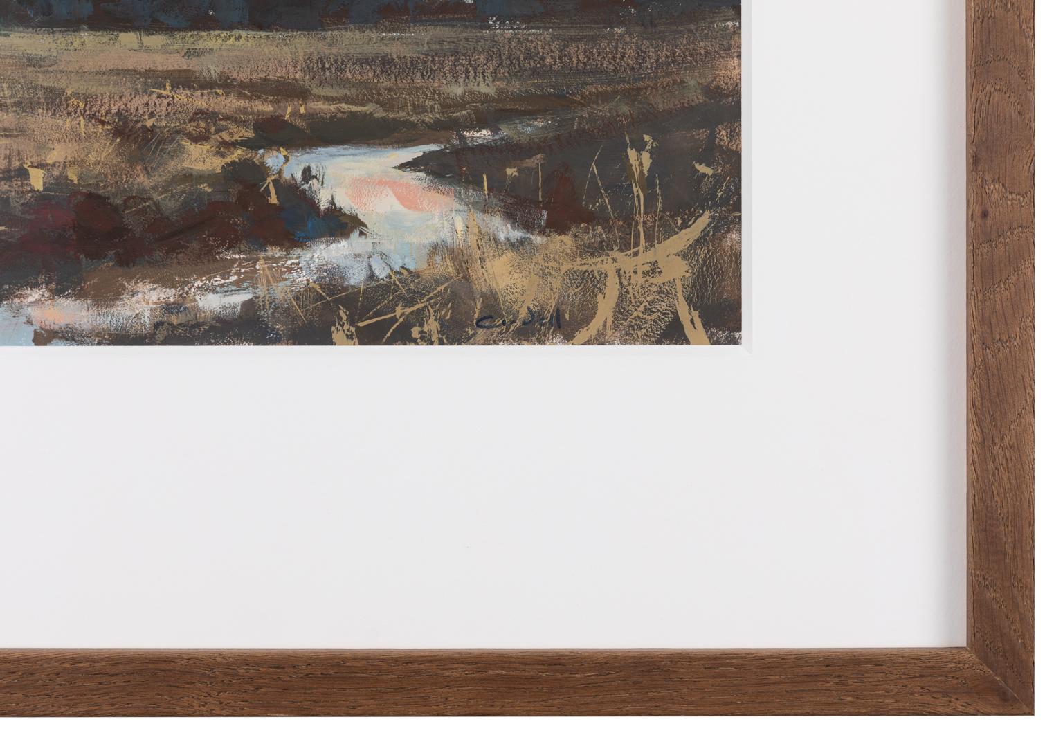 Cheminée de soirée - Peinture de paysage à la gouache en plein air contemporaine - Gris Landscape Painting par Aaron Cordell Johnson