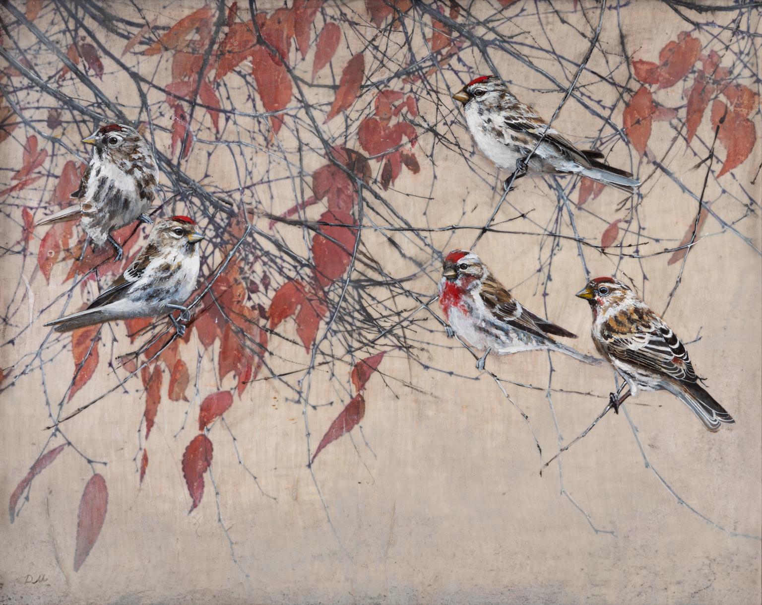 Zeitgenössisches mehrlagiges Enkaustik-Gemälde von Vögeln in einem Baum  – Mixed Media Art von Diana Majumdar