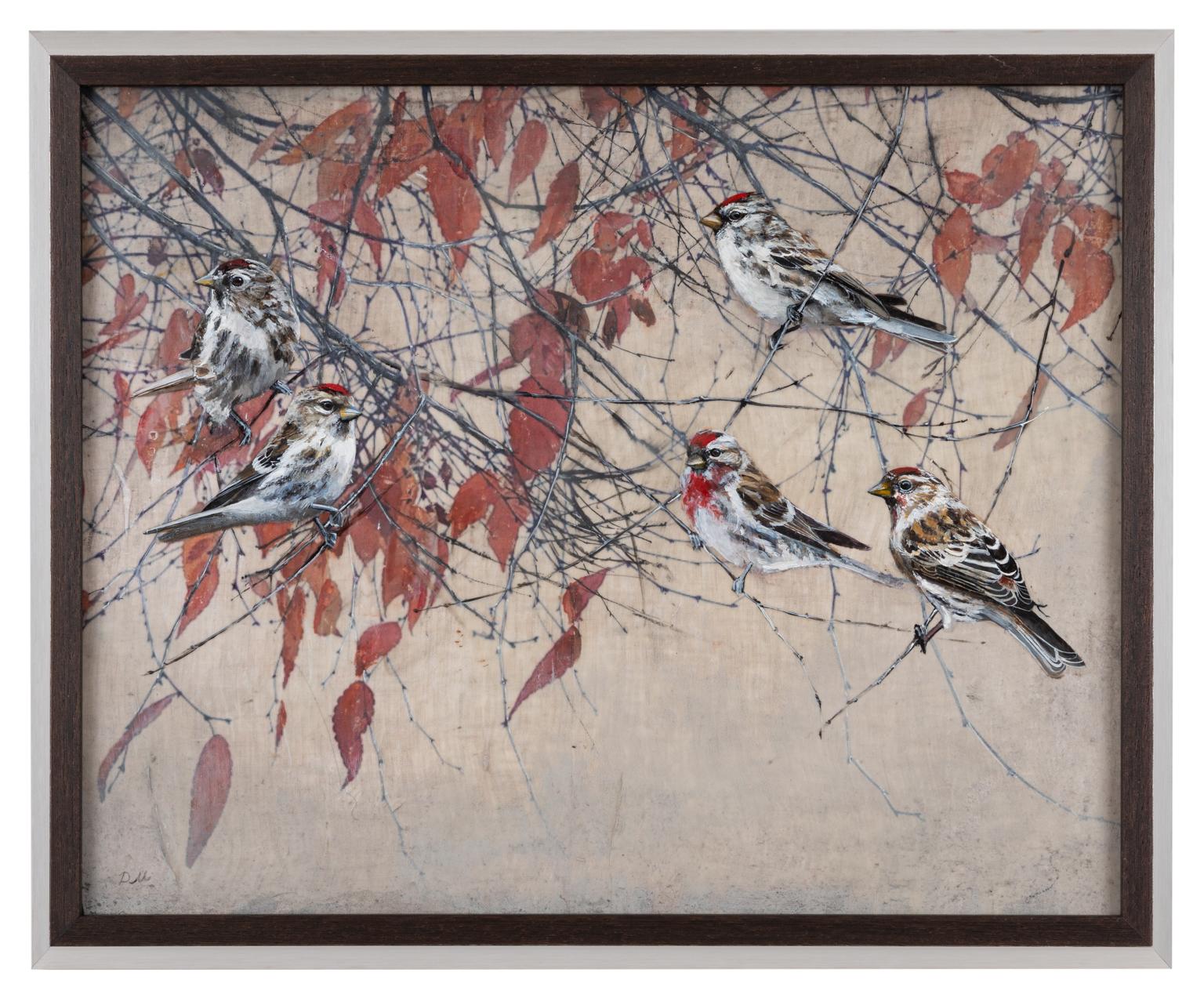 Zeitgenössisches mehrlagiges Enkaustik-Gemälde von Vögeln in einem Baum  im Angebot 1