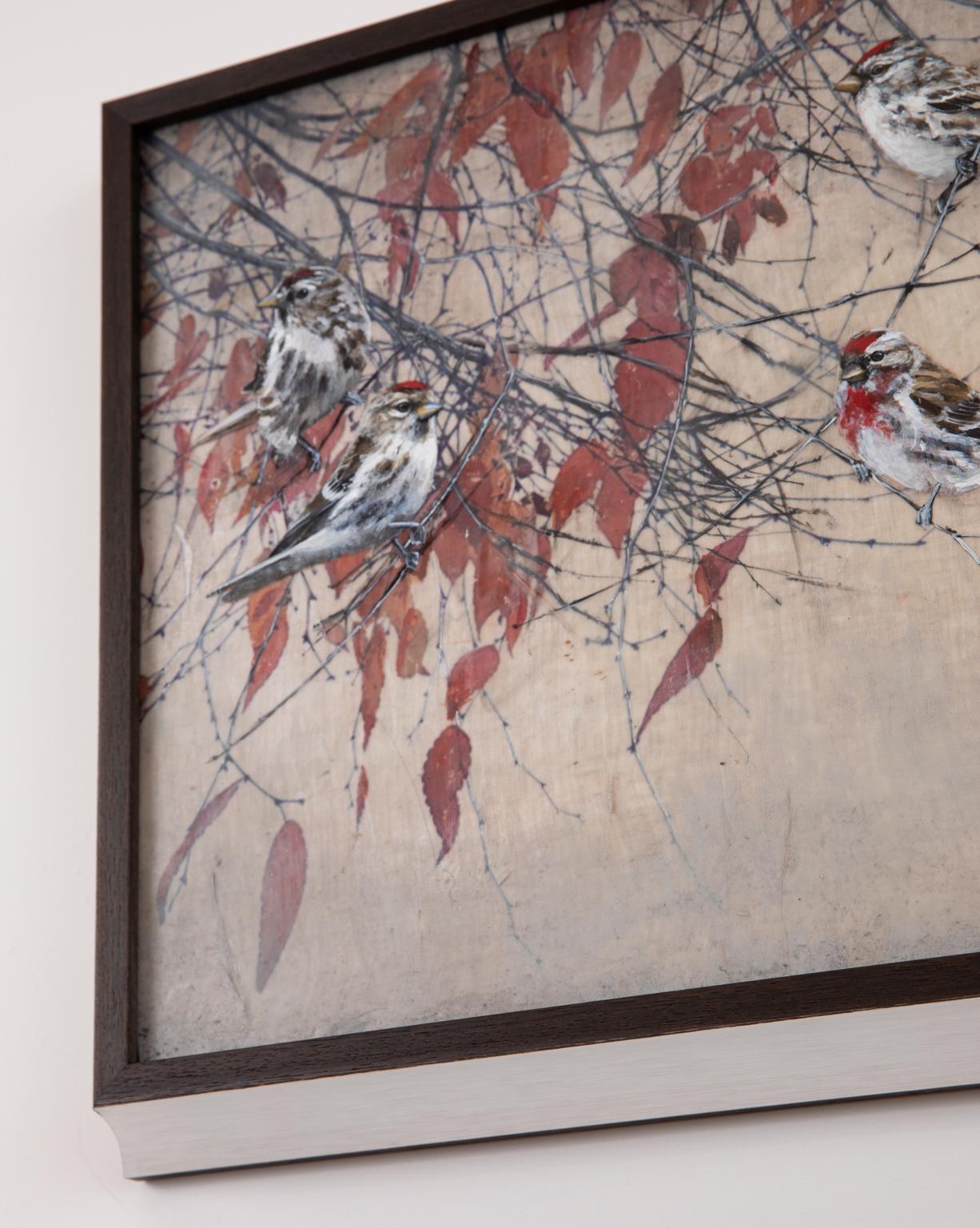 Ruduo - Encaustic Layered Painting of Birds in a Tree Contemporary  For Sale 1