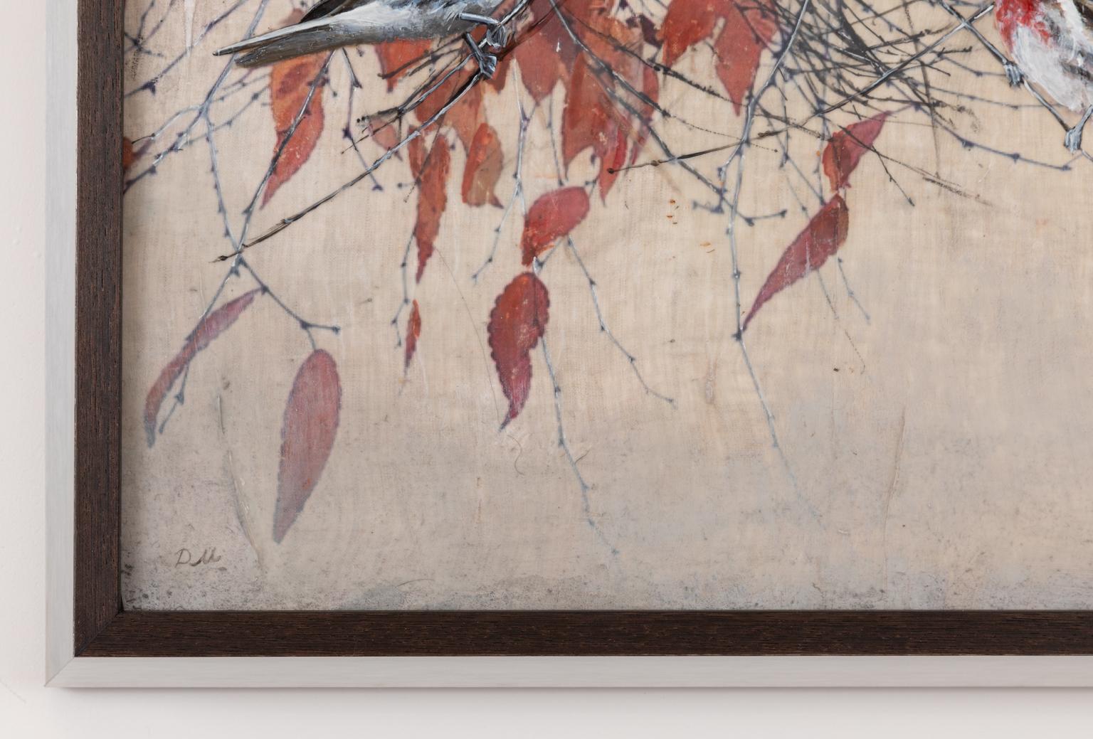Zeitgenössisches mehrlagiges Enkaustik-Gemälde von Vögeln in einem Baum  im Angebot 3